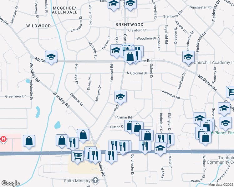 map of restaurants, bars, coffee shops, grocery stores, and more near 2650 Fisk Road in Montgomery