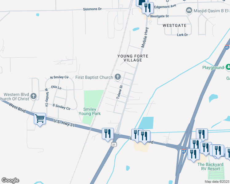map of restaurants, bars, coffee shops, grocery stores, and more near 2818 5th Street in Montgomery