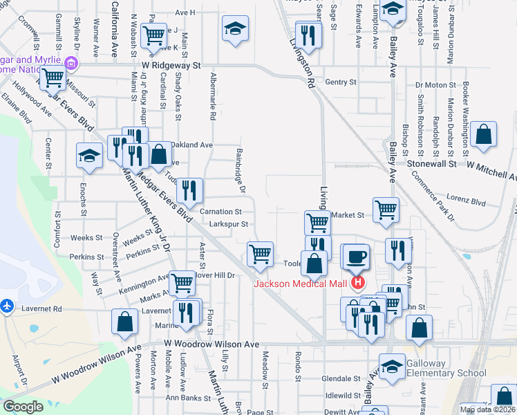 map of restaurants, bars, coffee shops, grocery stores, and more near 3412 Holmes Avenue in Jackson