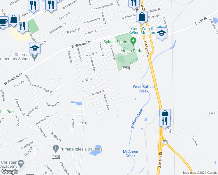 map of restaurants, bars, coffee shops, grocery stores, and more near 1012 Prairie Avenue in Cleburne