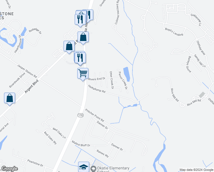 map of restaurants, bars, coffee shops, grocery stores, and more near 10 Capers Creek Drive in Okatie