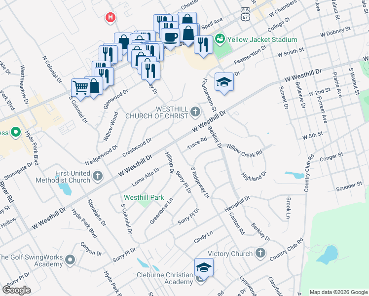 map of restaurants, bars, coffee shops, grocery stores, and more near 1116 Trace Rd in Cleburne
