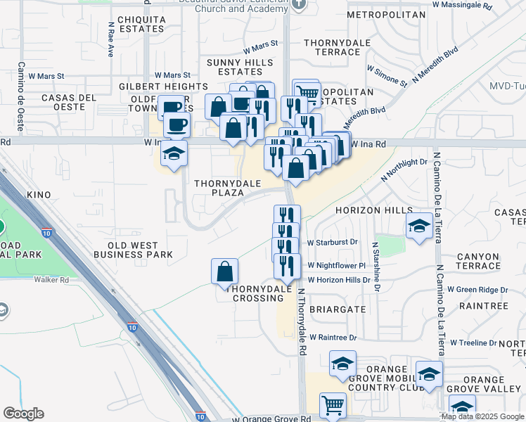 map of restaurants, bars, coffee shops, grocery stores, and more near 7025 North Thornydale Road in Tucson