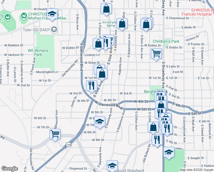 map of restaurants, bars, coffee shops, grocery stores, and more near 802 West 2nd Street in Tyler