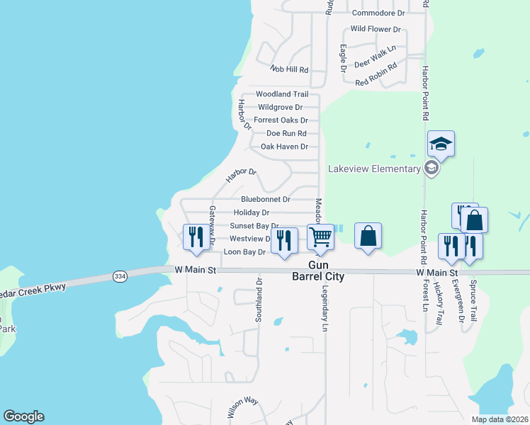 map of restaurants, bars, coffee shops, grocery stores, and more near 151 Holiday Drive in Gun Barrel City