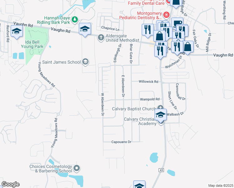 map of restaurants, bars, coffee shops, grocery stores, and more near 2161 Edinburgh Drive in Montgomery