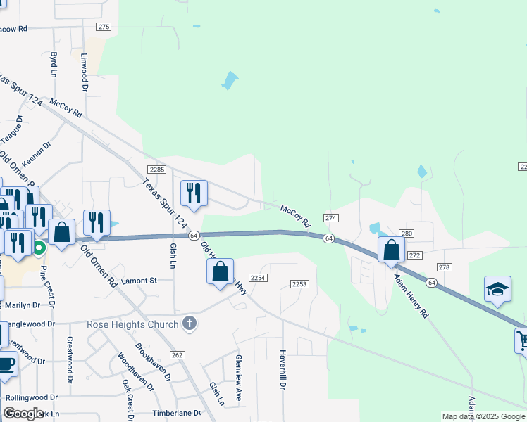 map of restaurants, bars, coffee shops, grocery stores, and more near 9074 County Road 273 in Tyler