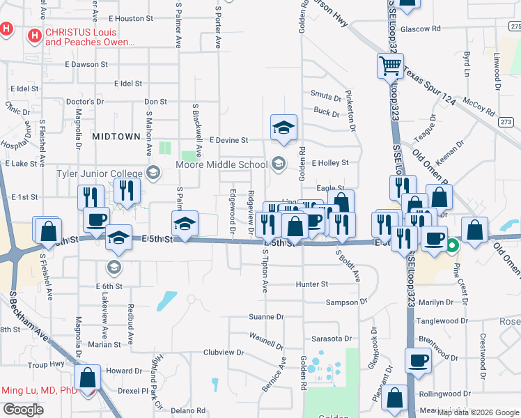 map of restaurants, bars, coffee shops, grocery stores, and more near 1321 South Tipton Avenue in Tyler