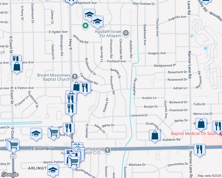 map of restaurants, bars, coffee shops, grocery stores, and more near 725 East Patton Avenue in Montgomery