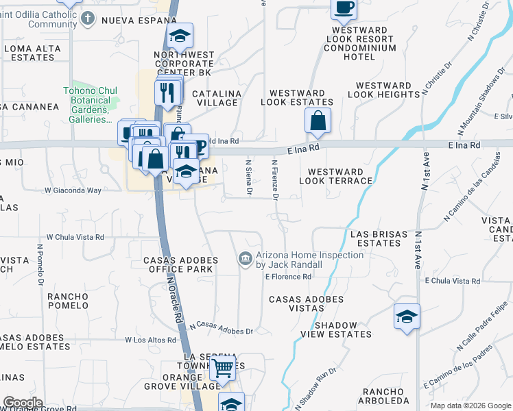 map of restaurants, bars, coffee shops, grocery stores, and more near 21 West Alpia Way in Tucson