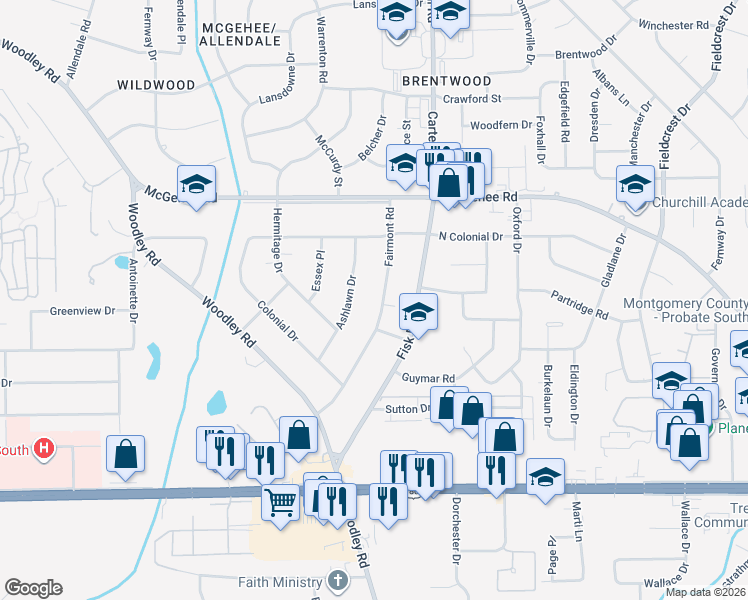 map of restaurants, bars, coffee shops, grocery stores, and more near 2652 Fairmont Road in Montgomery