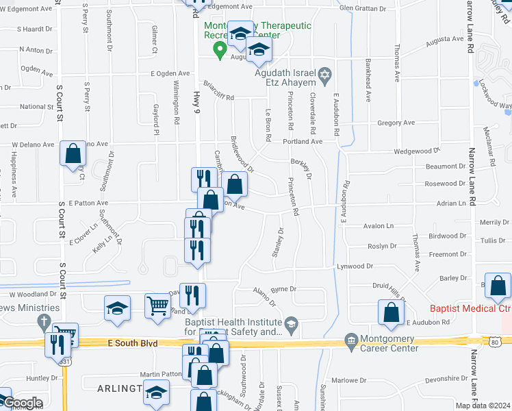 map of restaurants, bars, coffee shops, grocery stores, and more near 613 East Patton Avenue in Montgomery