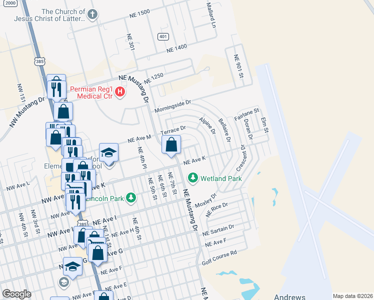 map of restaurants, bars, coffee shops, grocery stores, and more near Redwood Street in Andrews