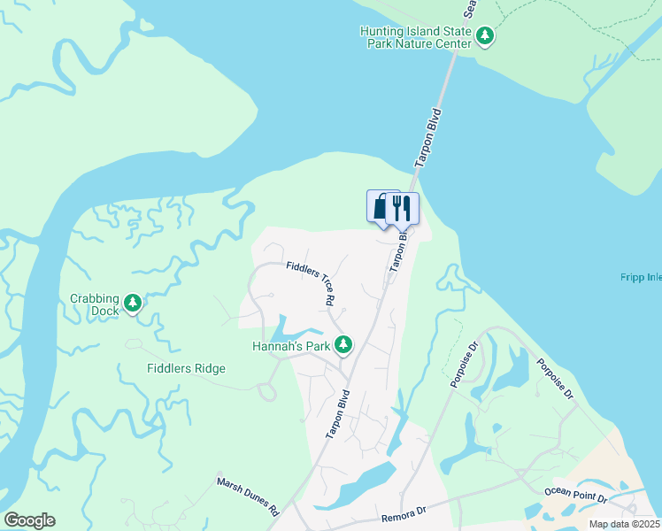 map of restaurants, bars, coffee shops, grocery stores, and more near 14 Pelican Cove in Fripp Island