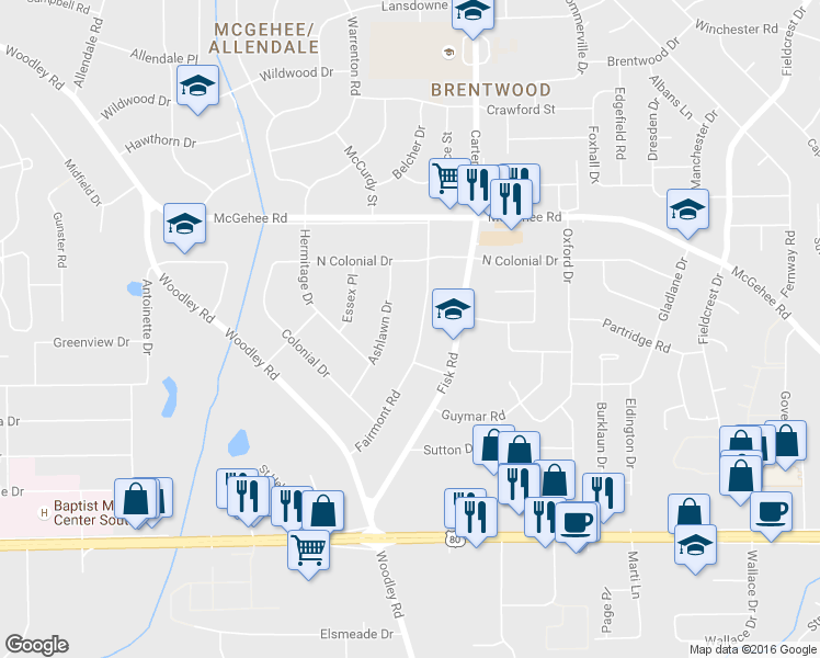 map of restaurants, bars, coffee shops, grocery stores, and more near 2652 Fairmont Road in Montgomery