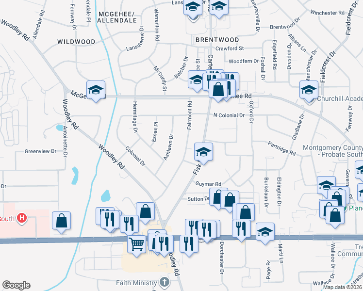 map of restaurants, bars, coffee shops, grocery stores, and more near 2652 Fairmont Road in Montgomery
