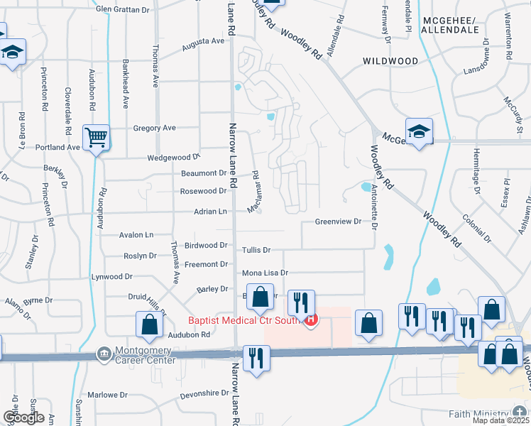 map of restaurants, bars, coffee shops, grocery stores, and more near 3857 Maclamar Road in Montgomery