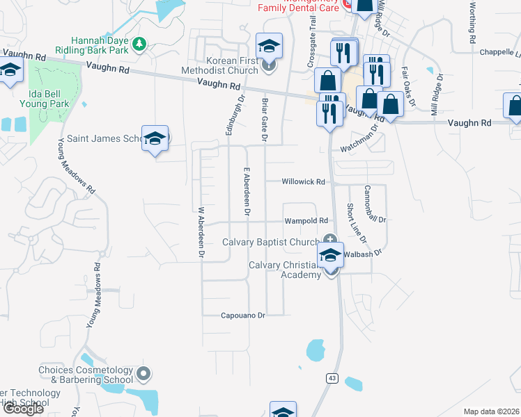 map of restaurants, bars, coffee shops, grocery stores, and more near 2160 Briar Gate Drive in Montgomery