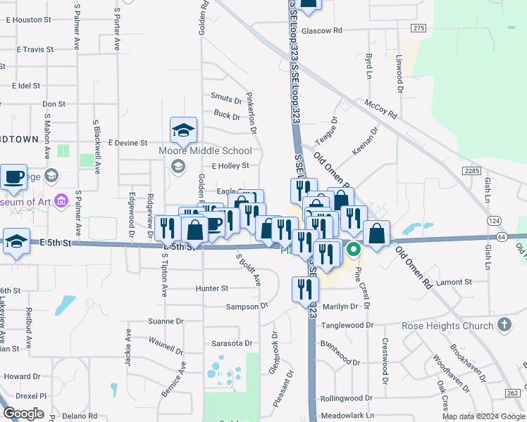 map of restaurants, bars, coffee shops, grocery stores, and more near 2450 East 5th Street in Tyler