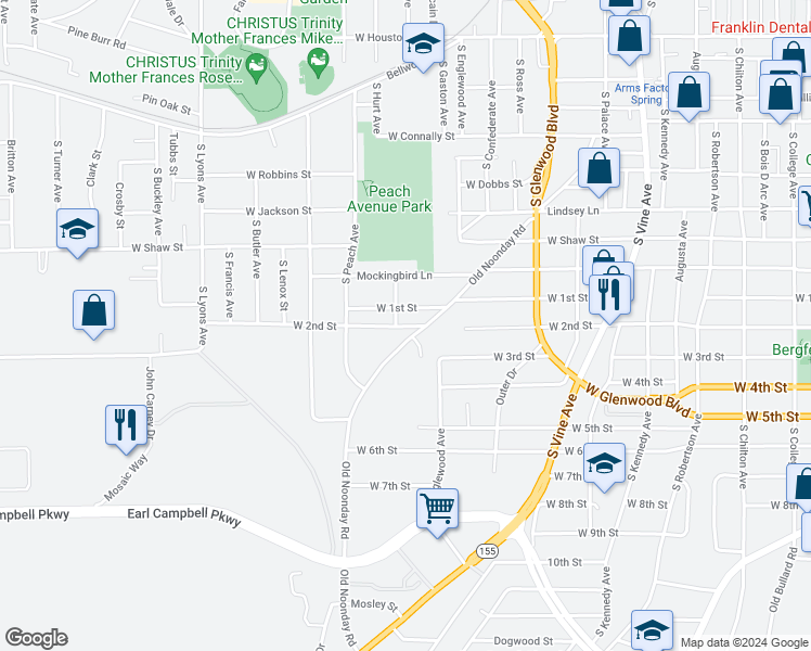 map of restaurants, bars, coffee shops, grocery stores, and more near 1523 West 2nd Street in Tyler