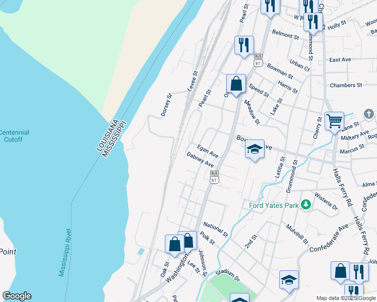 map of restaurants, bars, coffee shops, grocery stores, and more near 2700-2798 Pearl Street in Vicksburg