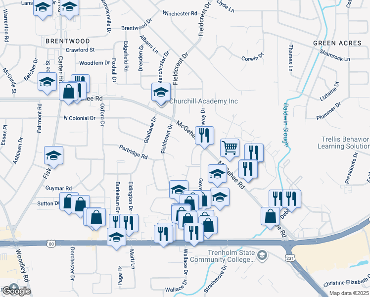 map of restaurants, bars, coffee shops, grocery stores, and more near 3444 Fieldcrest Court in Montgomery