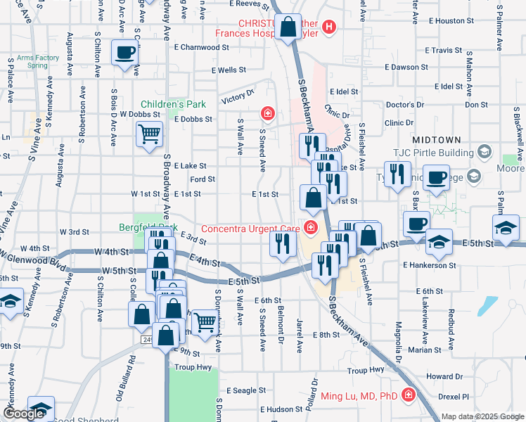 map of restaurants, bars, coffee shops, grocery stores, and more near 1403 South Sneed Avenue in Tyler