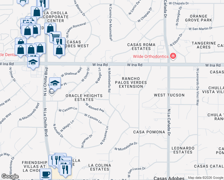 map of restaurants, bars, coffee shops, grocery stores, and more near 7012 North Montebella Road in Tucson