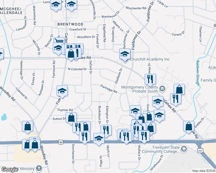 map of restaurants, bars, coffee shops, grocery stores, and more near 3157 Partridge Road in Montgomery
