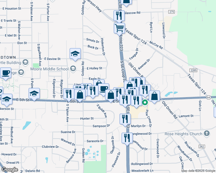 map of restaurants, bars, coffee shops, grocery stores, and more near 2450 East 5th Street in Tyler