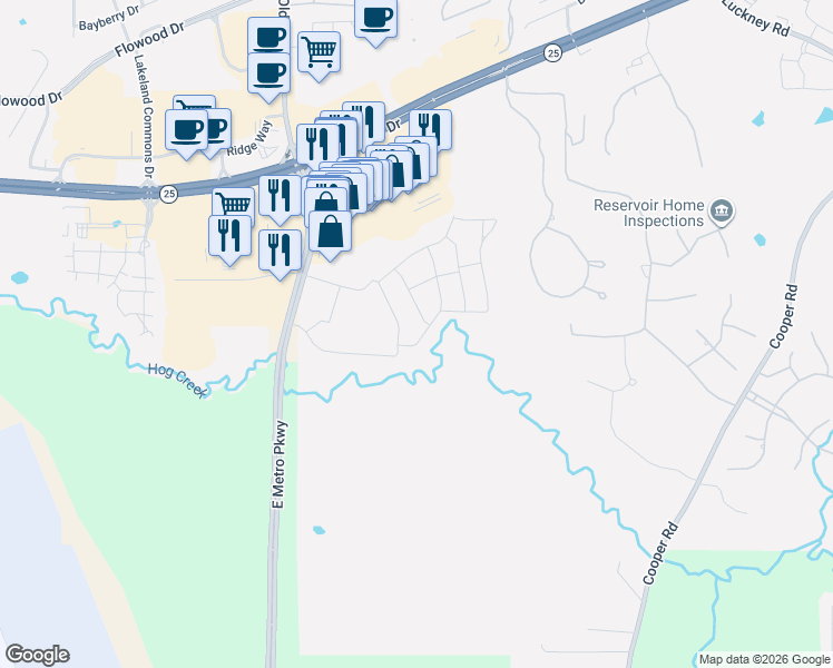 map of restaurants, bars, coffee shops, grocery stores, and more near 151 East Metro Parkway in Flowood