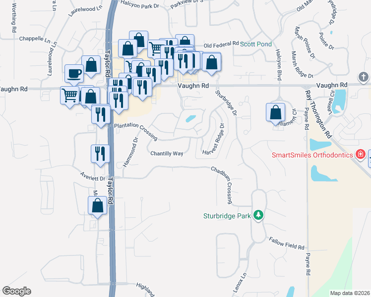 map of restaurants, bars, coffee shops, grocery stores, and more near 8932 Chantilly Way in Montgomery