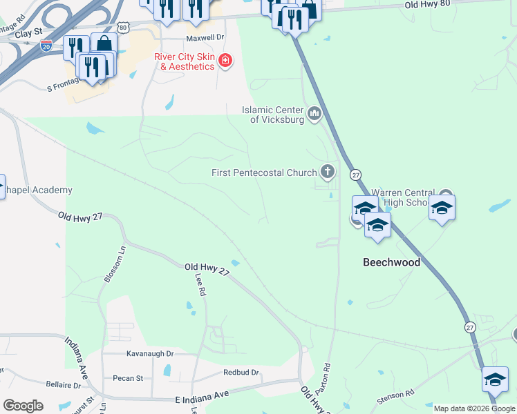 map of restaurants, bars, coffee shops, grocery stores, and more near 118 Dusty Road in Vicksburg