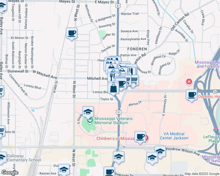 map of restaurants, bars, coffee shops, grocery stores, and more near 2815 North State Street in Jackson