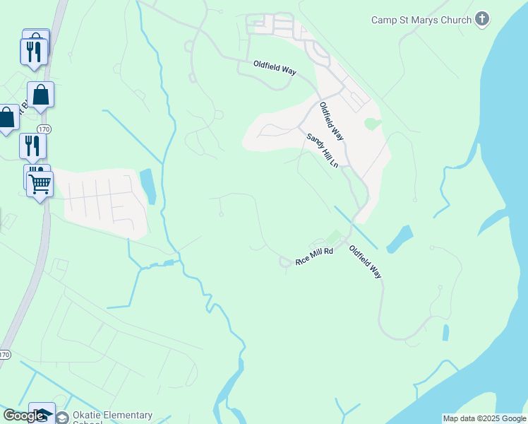map of restaurants, bars, coffee shops, grocery stores, and more near 24 Rice Mill Road in Okatie