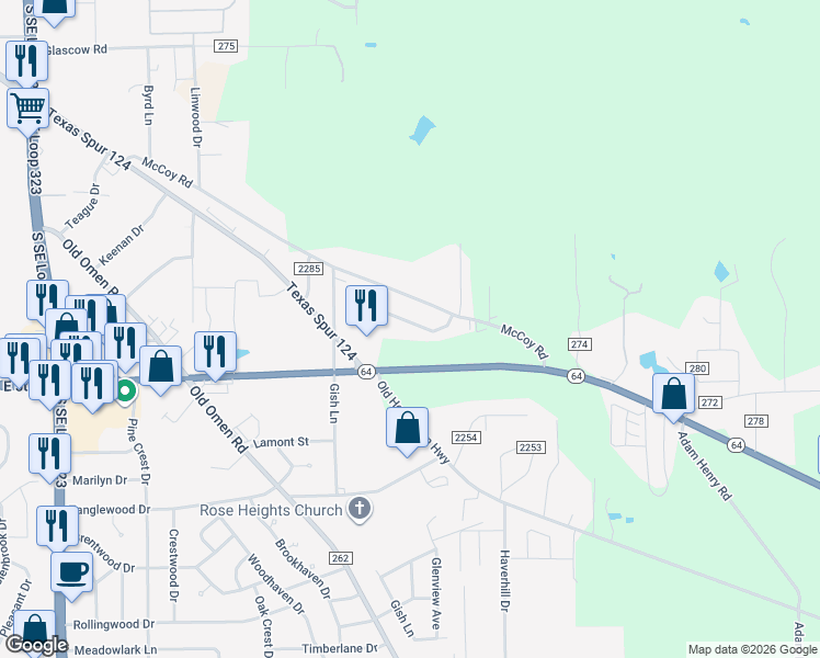 map of restaurants, bars, coffee shops, grocery stores, and more near 8710 Mansion Creek Circle in Tyler