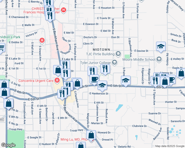 map of restaurants, bars, coffee shops, grocery stores, and more near 1327 South Baxter Avenue in Tyler
