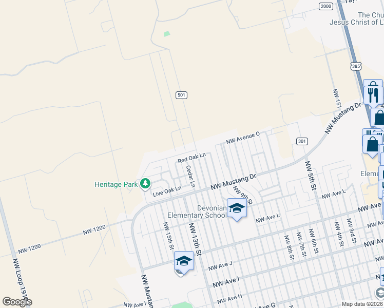 map of restaurants, bars, coffee shops, grocery stores, and more near 1604 Red Oak Lane in Andrews