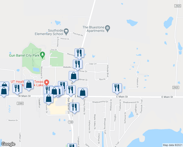 map of restaurants, bars, coffee shops, grocery stores, and more near 111 Clover Drive in Gun Barrel City