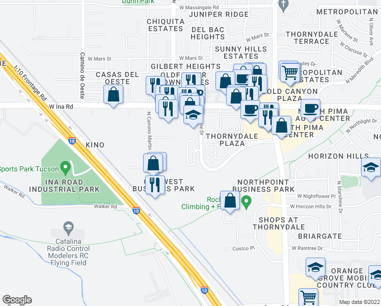 map of restaurants, bars, coffee shops, grocery stores, and more near 4115 West Aerie Drive in Tucson