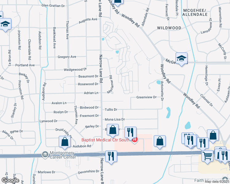 map of restaurants, bars, coffee shops, grocery stores, and more near 3857 Maclamar Road in Montgomery