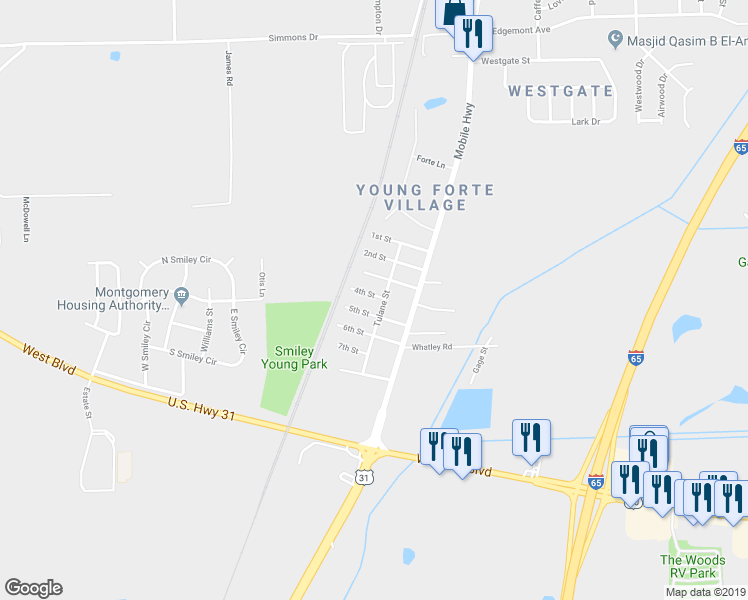 map of restaurants, bars, coffee shops, grocery stores, and more near 2818 5th St in Montgomery