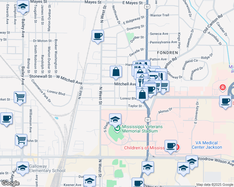 map of restaurants, bars, coffee shops, grocery stores, and more near 302 Lorenz Boulevard in Jackson