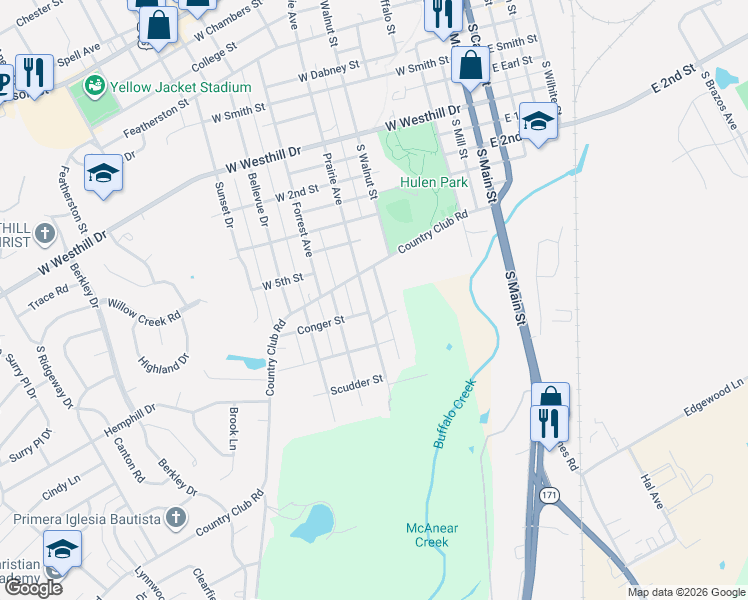 map of restaurants, bars, coffee shops, grocery stores, and more near 1011 Prairie Avenue in Cleburne