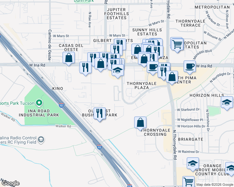 map of restaurants, bars, coffee shops, grocery stores, and more near 4115 West Aerie Drive in Tucson