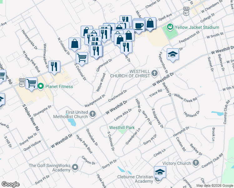 map of restaurants, bars, coffee shops, grocery stores, and more near 1218 Crestwood Drive in Cleburne