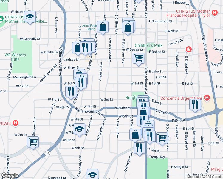 map of restaurants, bars, coffee shops, grocery stores, and more near 517 West 2nd Street in Tyler