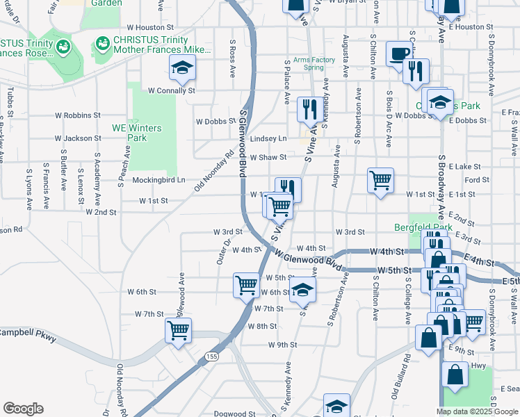 map of restaurants, bars, coffee shops, grocery stores, and more near 1000 West 2nd Street in Tyler