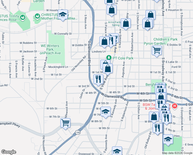 map of restaurants, bars, coffee shops, grocery stores, and more near 1000 West 2nd Street in Tyler