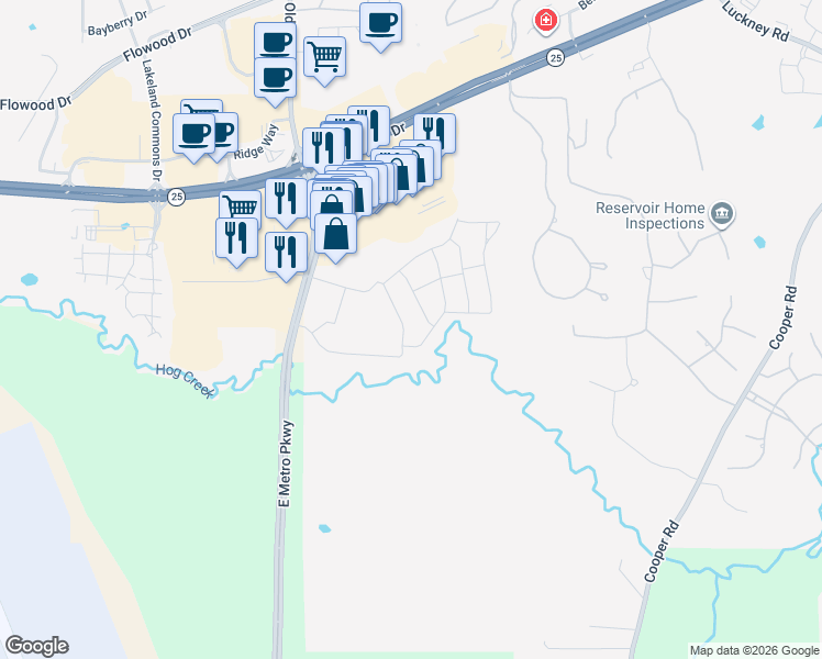 map of restaurants, bars, coffee shops, grocery stores, and more near 151 East Metro Parkway in Flowood